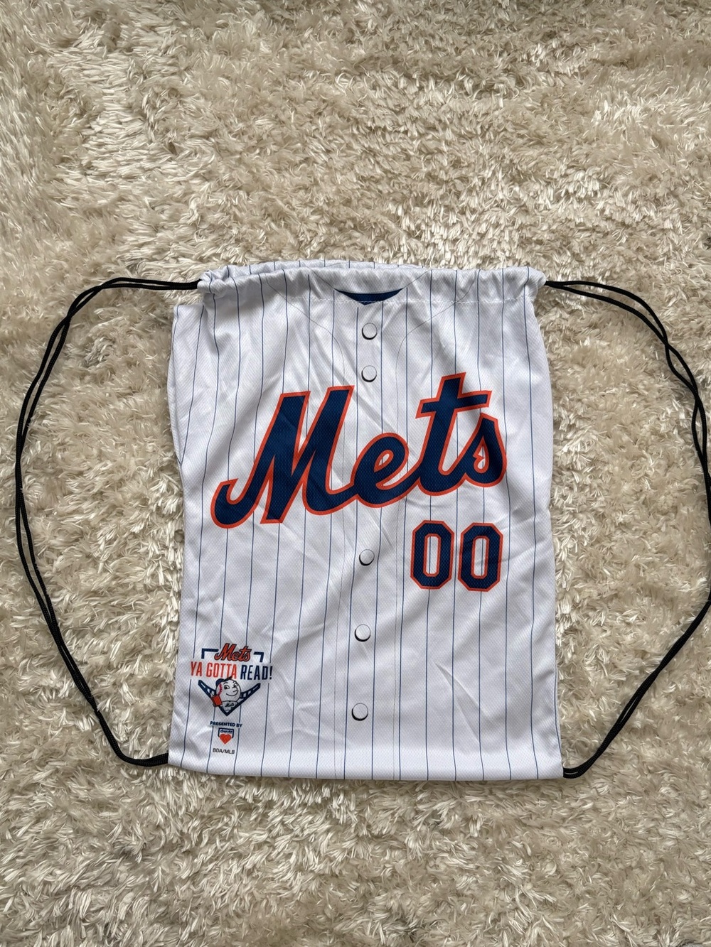 New York Mets White & Blue Pinstripe Drawstring Soft Backpack Orange Accents